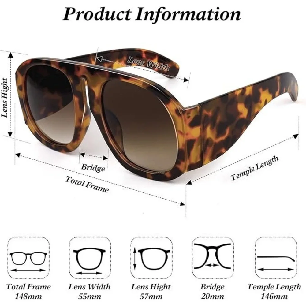 Oversized Aviator Sunglasses Women UV400 Black Frame Gradient Brown Lenses‎ New
